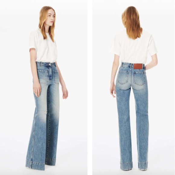 Victoria Beckham Denim - Victoria Beckham Alina High Waist Wide Leg Jeans Worn Blue Wash Distressed Denim